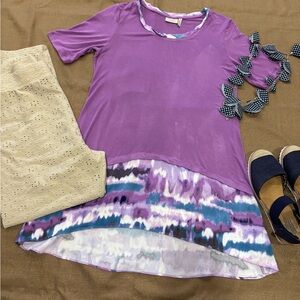 LOGO by Lori Goldstein Purple High-Low Tunic with Multi-Color Hem